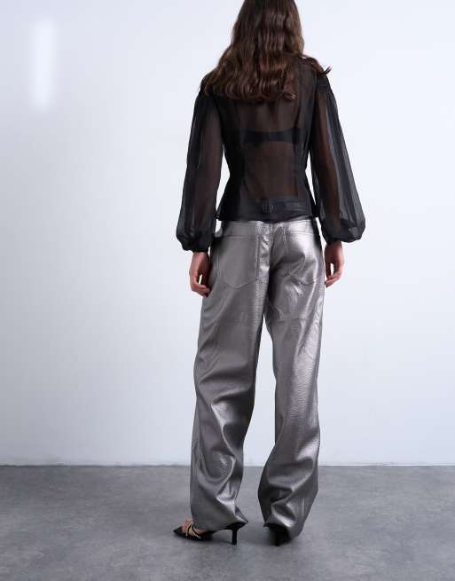 Topshop faux leather metallic cinch trouser in silver