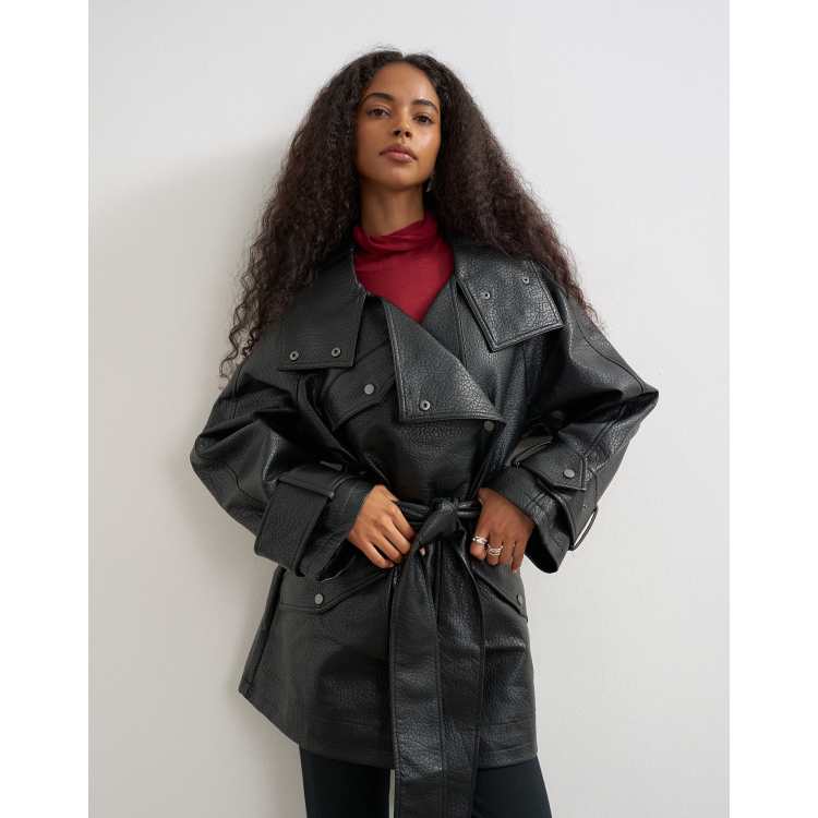 Topshop faux leather mid length belted jacket in black | ASOS