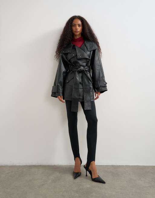 Topshop faux leather mid length belted jacket in black, 2 of 4