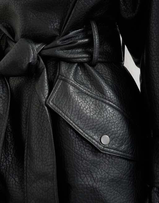 Topshop faux leather mid length belted jacket in black, 3 of 4