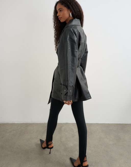 Topshop faux leather mid length belted jacket in black, 4 of 4