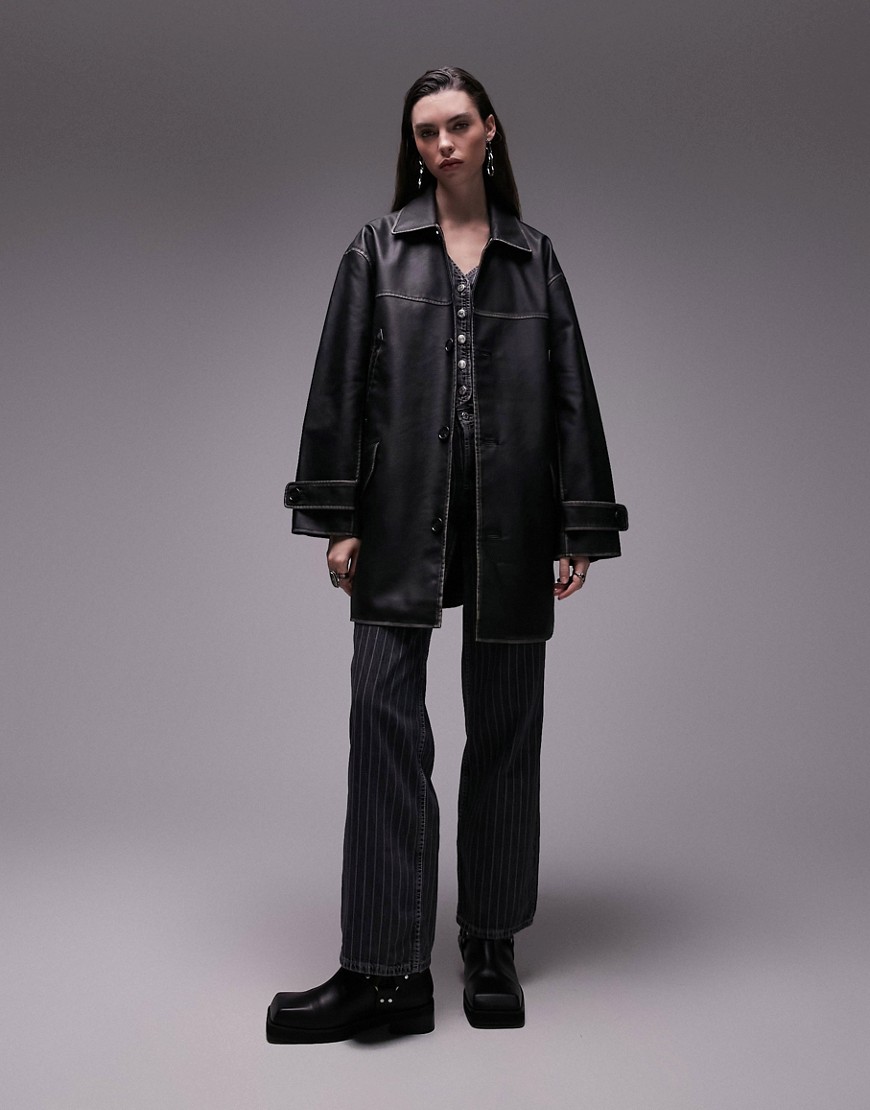 faux leather mid length coat in washed black