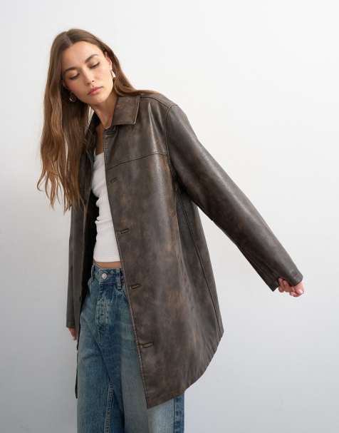 Topshop faux leather mid length jacket in washed brown - view 1