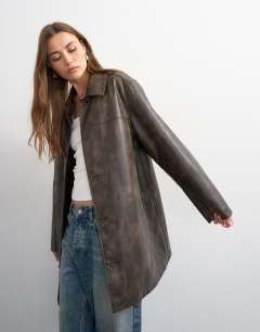 Faux leather mid length jacket in washed brown