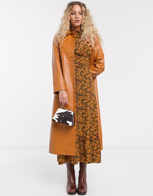 Topshop faux leather midi trench coat in tan