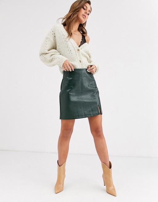 Topshop faux leather mini skirt in green croc