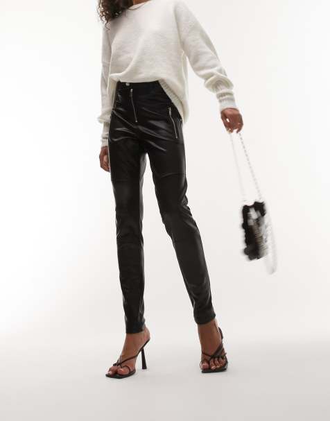 Topshop faux leather moto skinny fit pants with zip in black - view 1