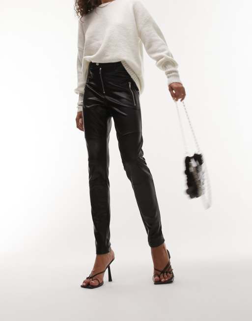 Topshop Petite faux leather straight trousers in black