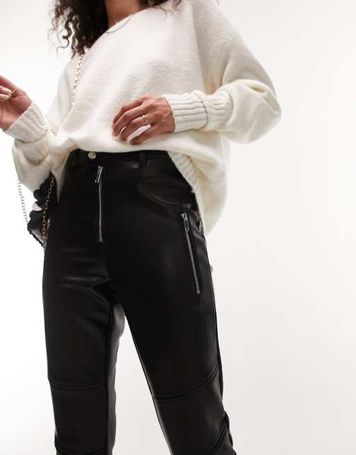 Topshop Petite faux leather biker pants in khaki - ShopStyle