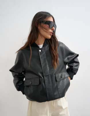 Topshop Faux Leather Nero Collar Bomber Jacket In Black