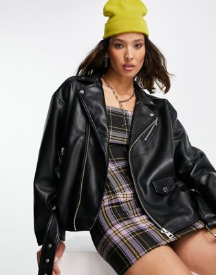 Topshop faux leather oversized biker jacket in black - ASOS Price Checker