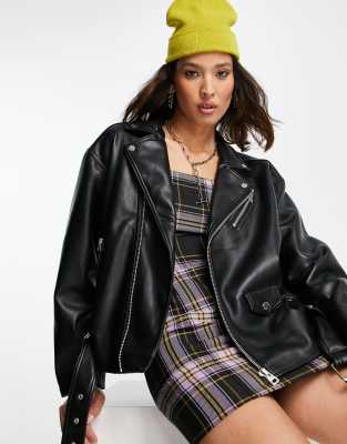 Topshop faux leather oversized biker jacket in black