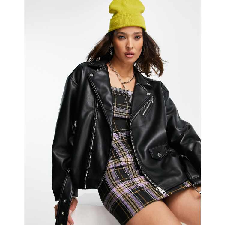 Topshop faux leather oversized biker jacket in black