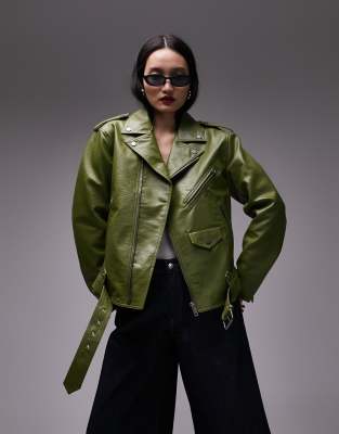 Topshop faux leather oversized biker jacket in green