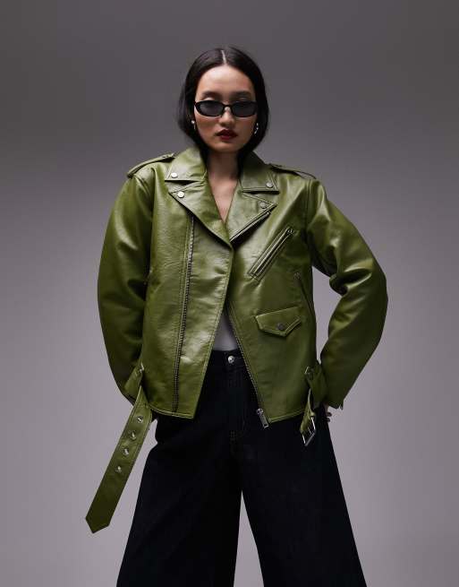 Topshop faux leather oversized biker jacket Polo in green