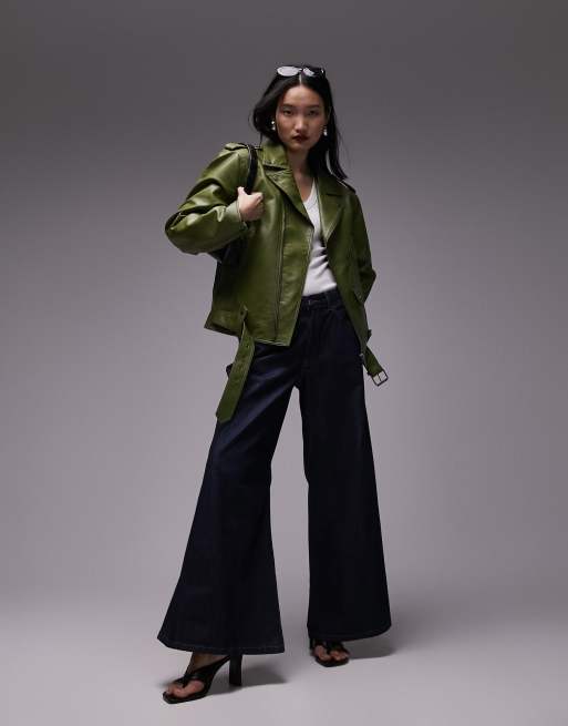 Topshop faux leather oversized biker jacket in green, 2 of 4