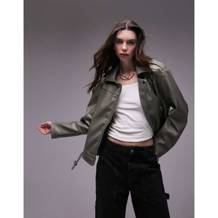 Khaki leather biker jacket hotsell