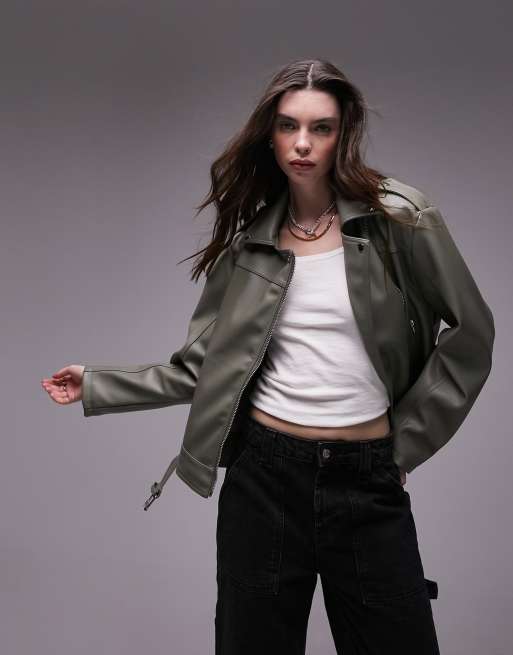 Topshop faux leather oversized biker jacket in khaki | ASOS