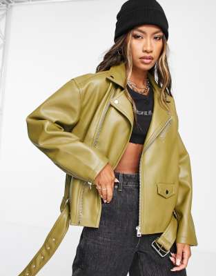 Topshop faux leather oversized biker jacket in olive-Green