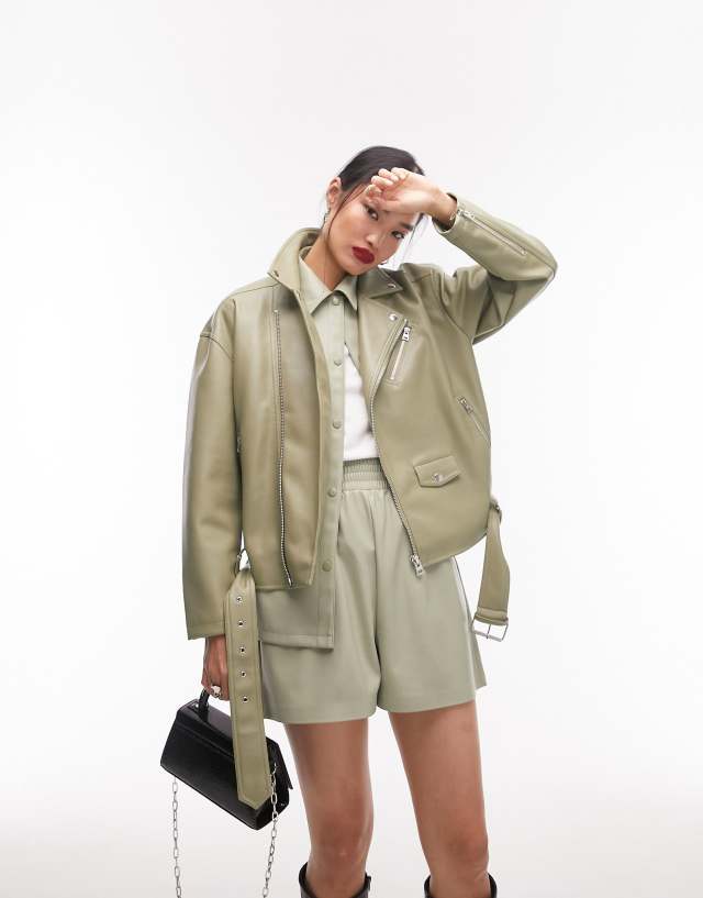 Topshop faux leather oversized biker jacket in sage