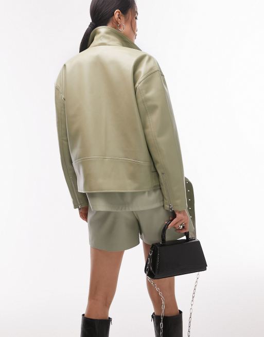 Topshop faux leather oversized biker jacket in sage, 2 of 4