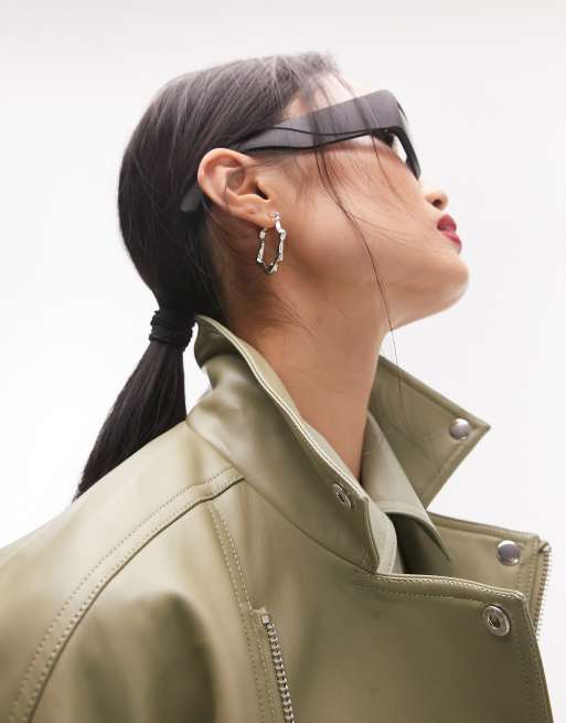 Topshop faux leather oversized biker jacket in sage, 3 of 4