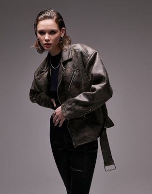 Topshop faux leather oversized biker jacket in washed brown