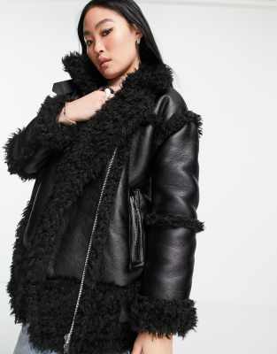 Topshop faux leather oversized biker jacket with faux fur details in black - ASOS Price Checker