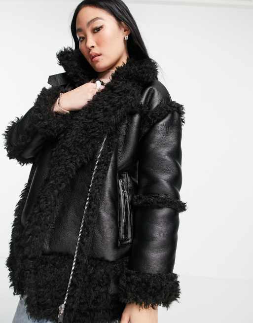 Leather and fur biker on sale jacket