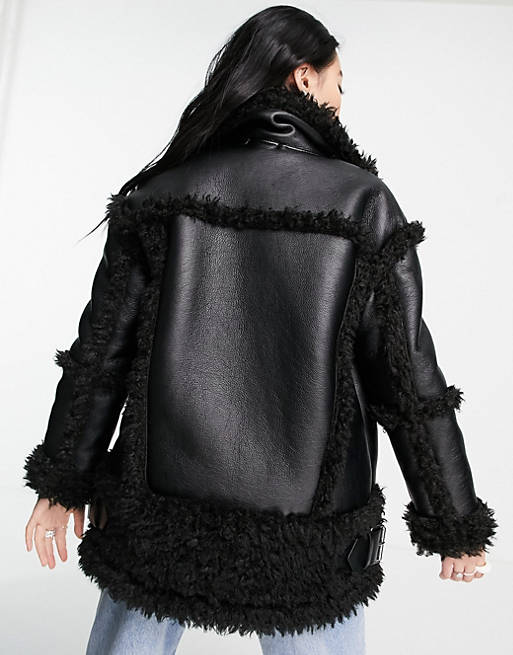 TOPSHOP Faux Leather Oversized Biker Jacket With Faux Fur Details in Black Womens Clothing Jackets Fur jackets 