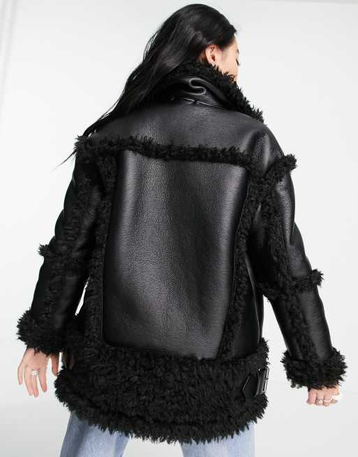 Oversized leather jacket with on sale fur