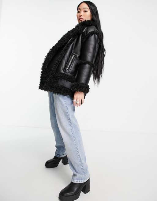 Oversized biker jacket with on sale fur