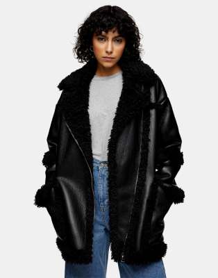 TOPSHOP Faux-leather Biker Jacket With Faux-fur Trim in Brown