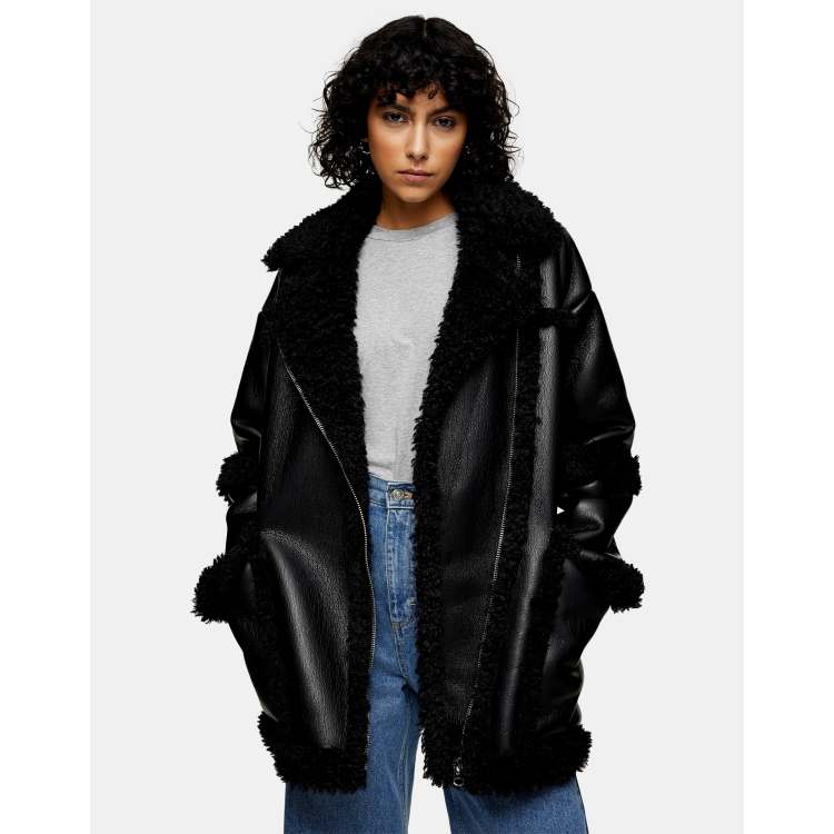 Topshop oversized coat with borg trim in black sales