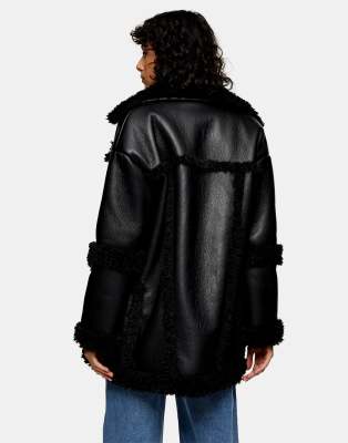 Topshop Faux Leather Aviator Jacket With Faux Shearling Trim In