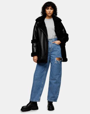 Topshop Faux Leather Aviator Jacket with Faux Fur Trim