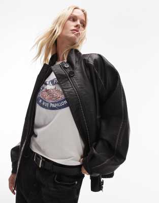 faux leather oversized bomber jacket in black