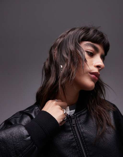 Topshop faux leather oversized bomber jacket in black, 2 of 4