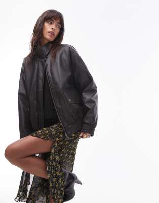 Topshop Faux Leather Oversized Bomber Jacket In Black-brown