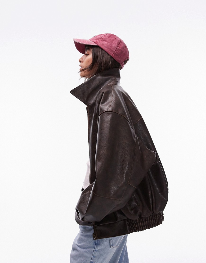 faux leather oversized bomber jacket in brown