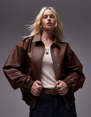 Topshop Faux Leather Oversized Bomber Jacket In Brown