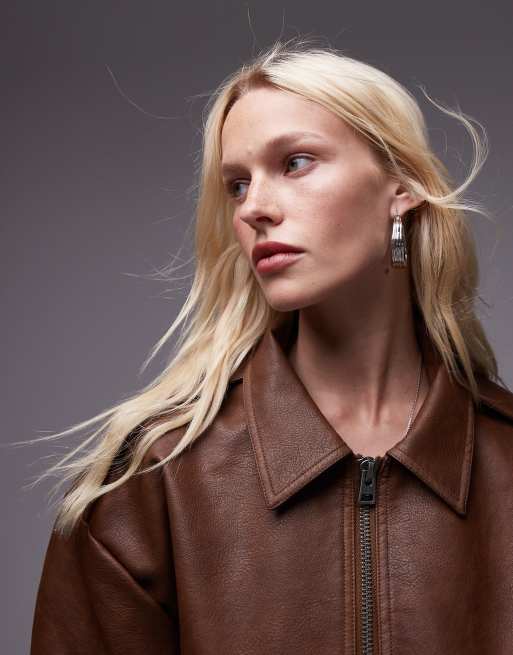 Topshop faux leather oversized bomber jacket in brown, 2 of 4