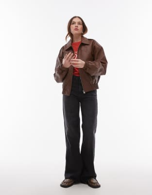 Topshop Faux Leather Oversized Bomber Jacket In Brown