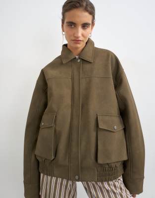 Topshop Faux Leather Oversized Bomber Jacket In Brown