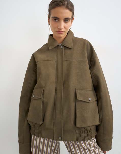 Topshop faux leather oversized bomber jacket in brown - view 1