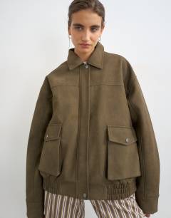 Faux leather oversized bomber jacket in brown