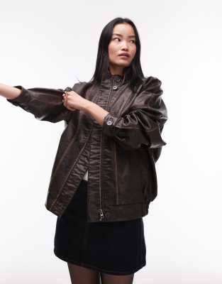 Topshop Faux Leather Oversized Bomber Jacket In Dark Brown