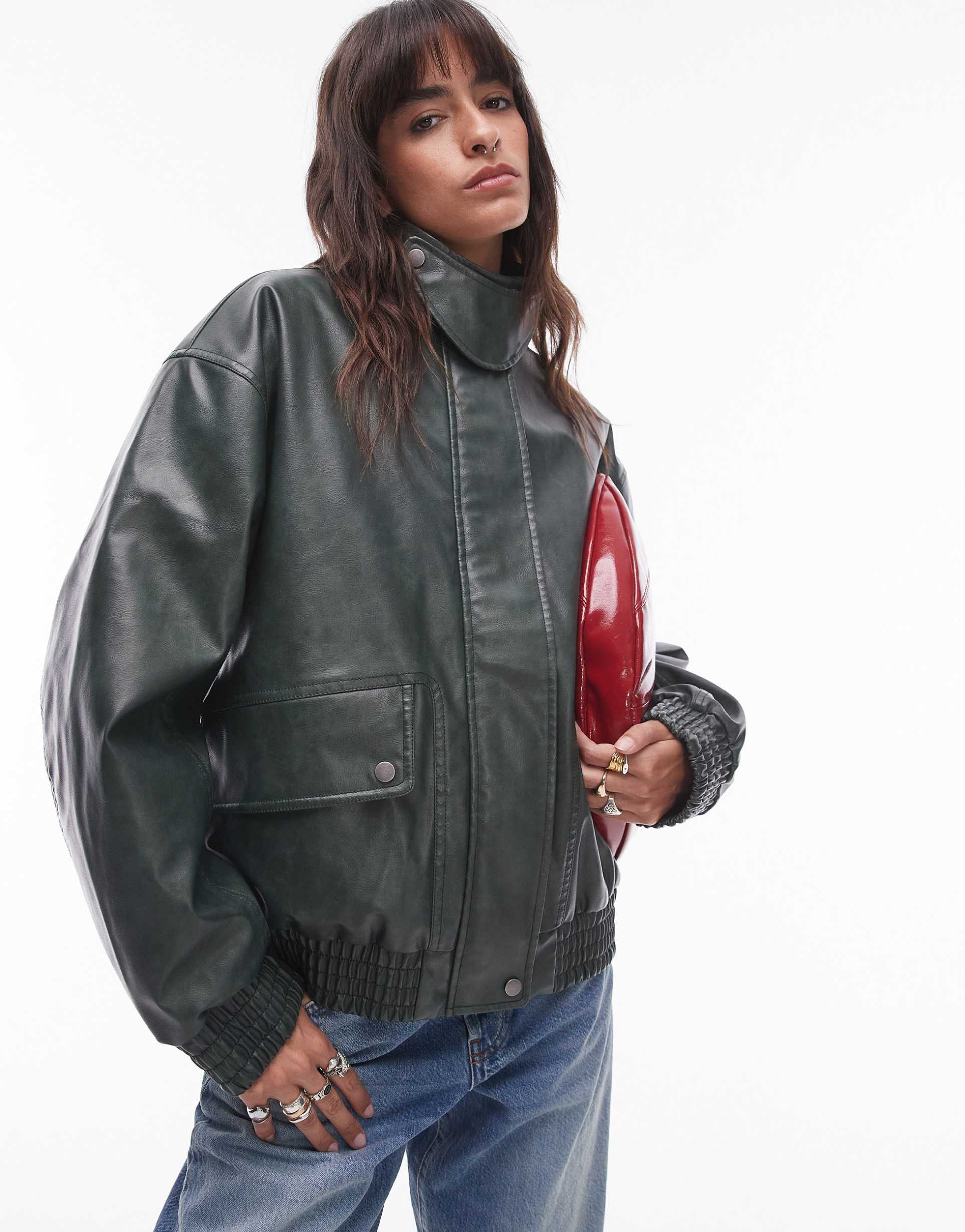 topshop faux leather oversized bomber jacket in green