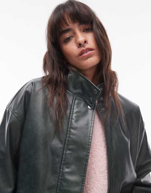 Topshop faux leather oversized bomber jacket in green