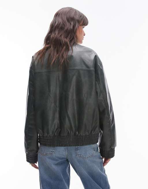 Topshop faux leather oversized bomber jacket in green